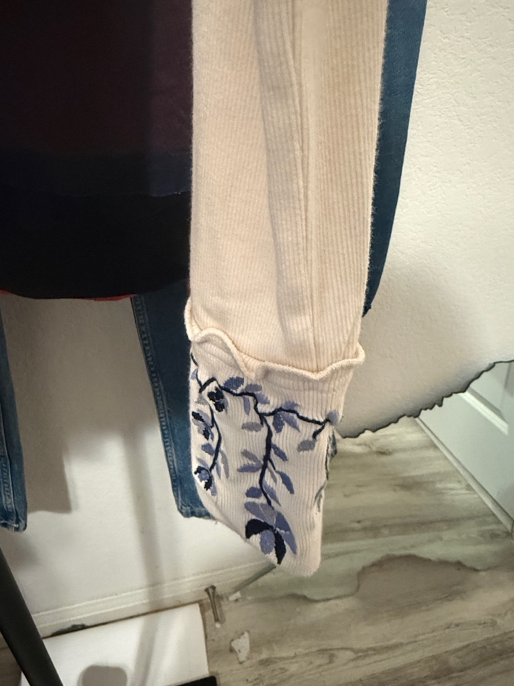Free People Cream Henley Top with Blue Floral Embroidery - Picture 4 of 5